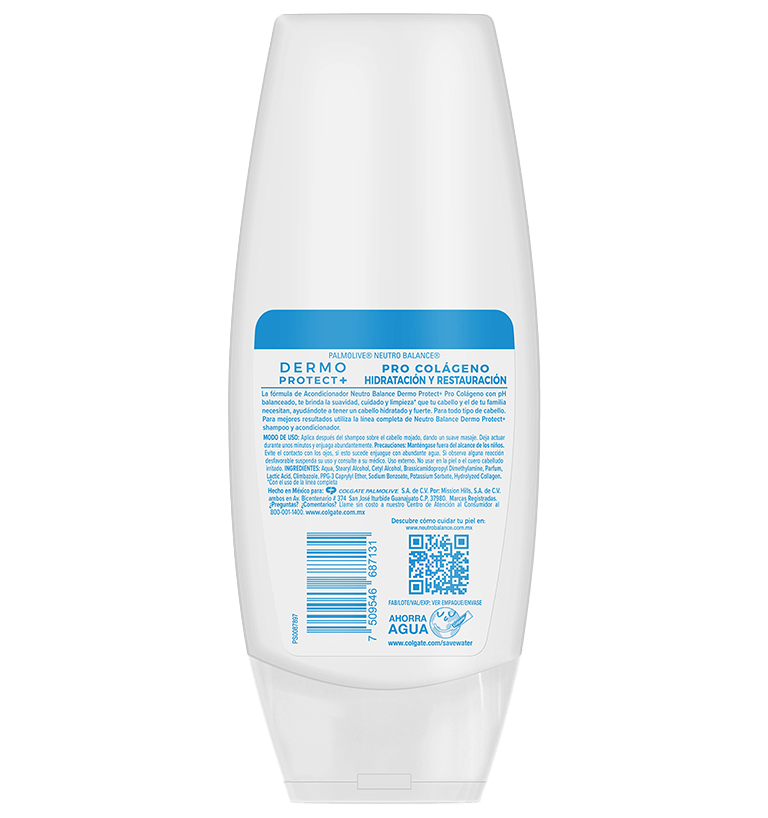 Parte trasera del shampoo Neutro Balance Pro Colágeno. Ingredientes, código QR y modo de uso.