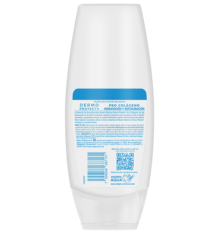 Parte trasera del shampoo Neutro Balance Pro Colágeno. Ingredientes, código QR y modo de uso.