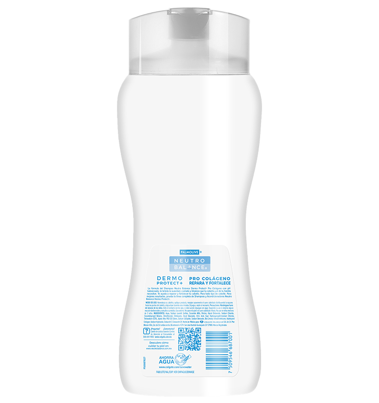 Parte trasera del shampoo Neutro Balance Pro Colágeno. Ingredientes, código QR y modo de uso.