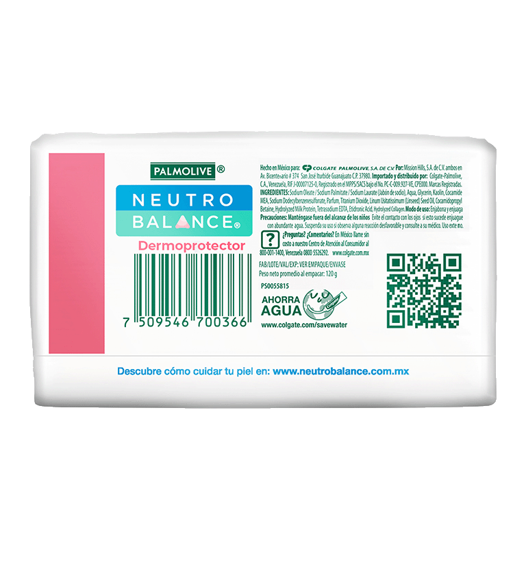 Parte trasera del jabón en barra Neutro Balance Dermoprotector + Colágeno con código QR y sello de la FMD Parte trasera del jabón en barra Neutro Balance Dermoprotector + Colágeno con código QR y sello de la FMD
